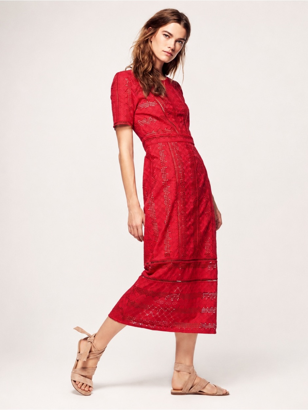 ba&sh Gareth Tomette Red Cotton Lace Midi Dress Size 6